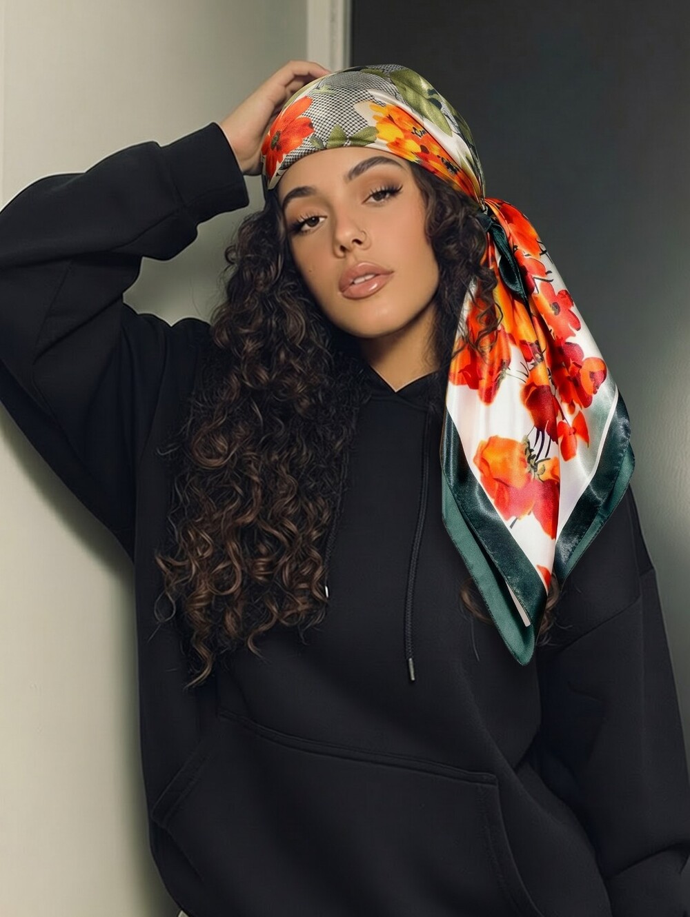 Floral Headscarf in Orange & Green - Women's Accessory